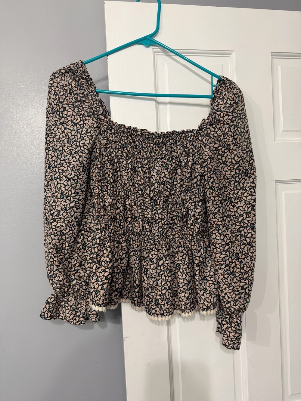 THML Black Blush Floral Smocked Square-Neck Peplum Blouse